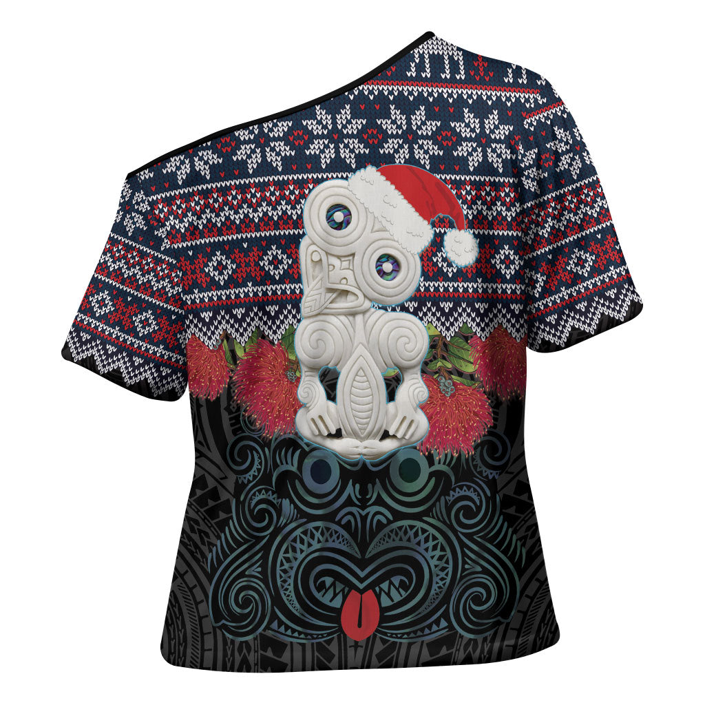 New Zealand Hei Tiki Christmas In July Cross Shoulder Shirt Pohutukawa Santa Xmas Polynesian Pattern
