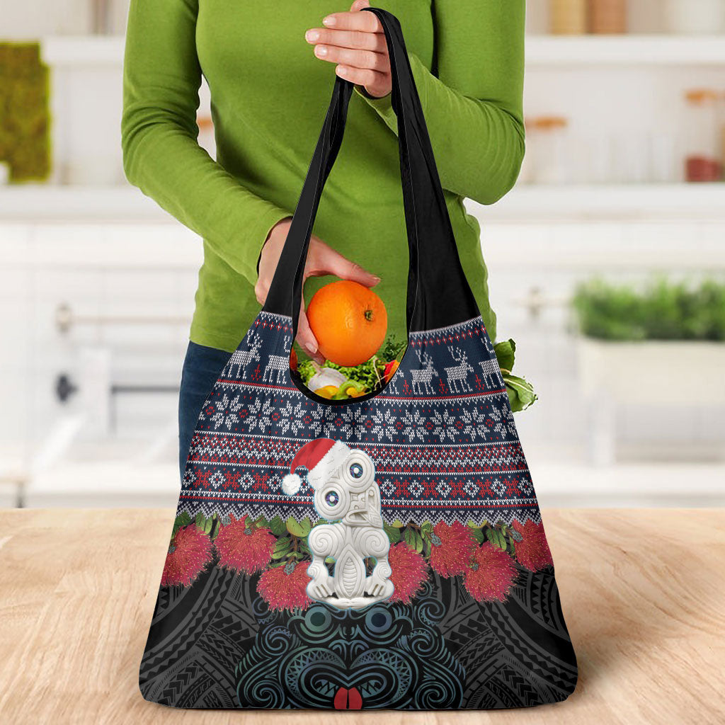 New Zealand Hei Tiki Christmas In July Grocery Bag Pohutukawa Santa Xmas Polynesian Pattern