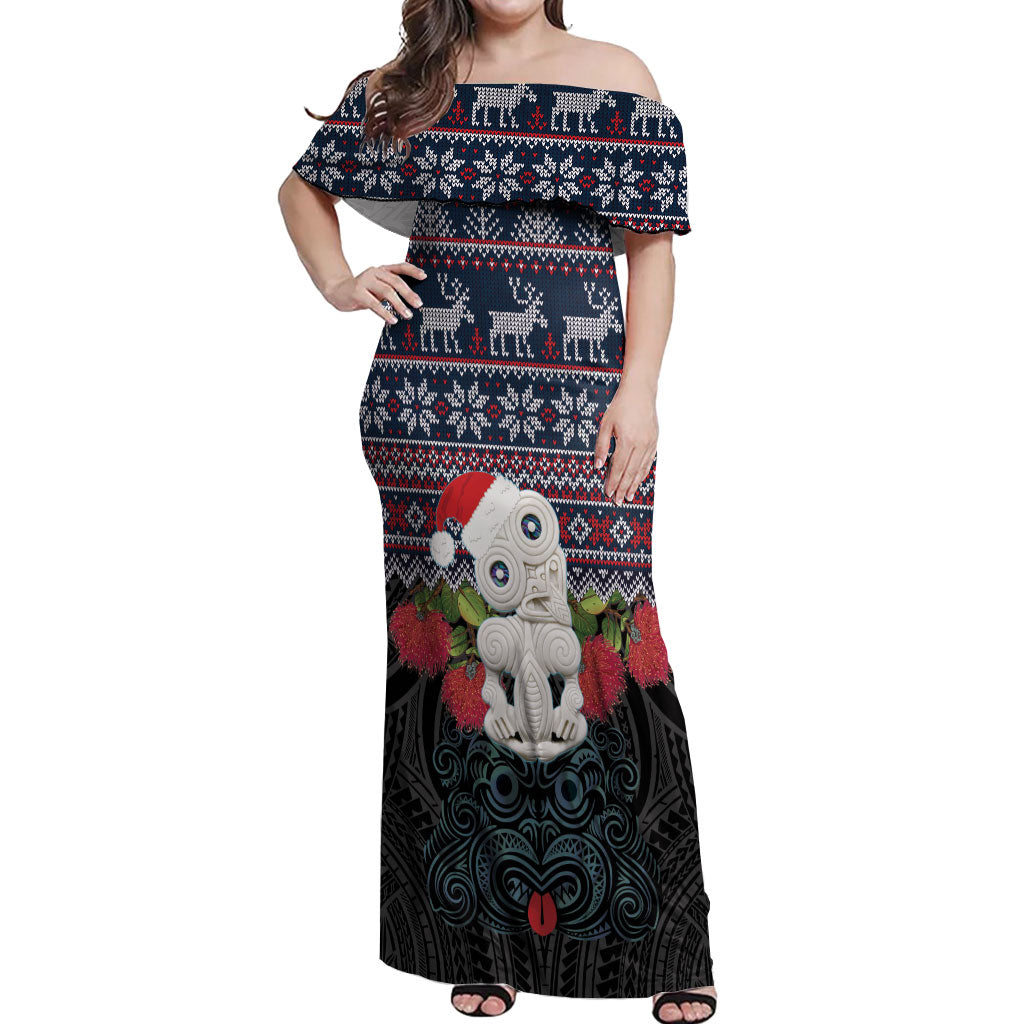 New Zealand Hei Tiki Christmas In July Off Shoulder Maxi Dress Pohutukawa Santa Xmas Polynesian Pattern LT22 Women Black - Polynesian Pride