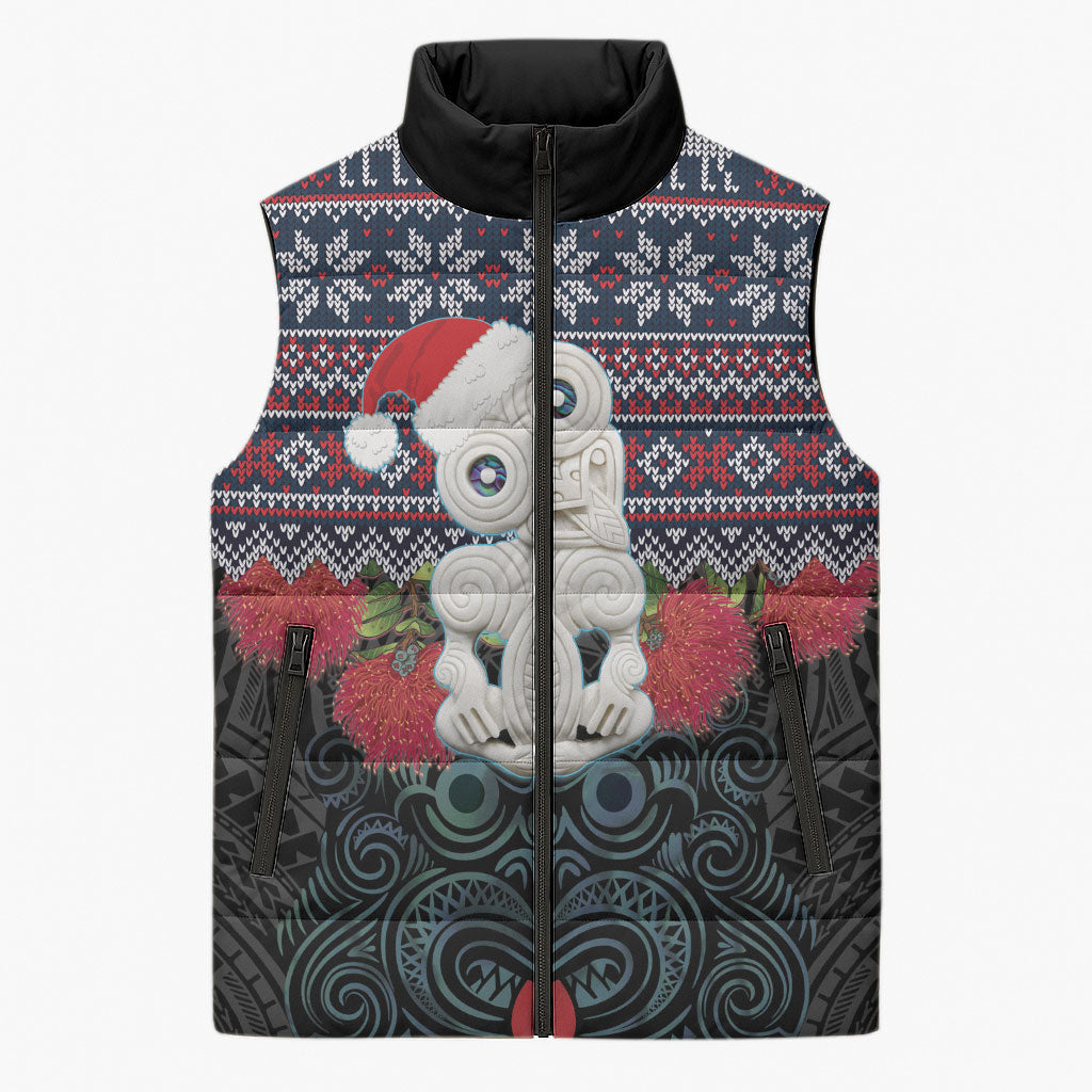 New Zealand Hei Tiki Christmas In July Sleeveless Puffer Jacket Pohutukawa Santa Xmas Polynesian Pattern