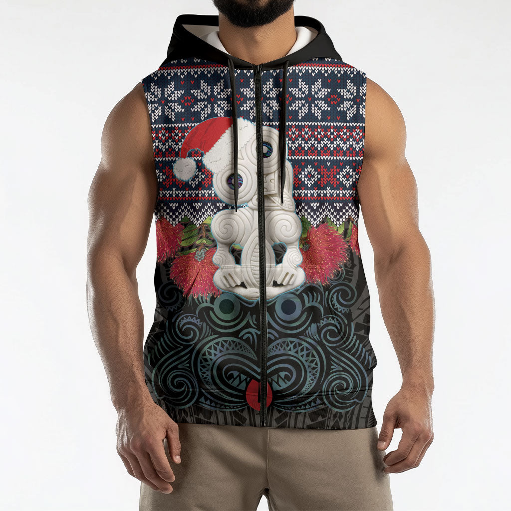 New Zealand Hei Tiki Christmas In July Sleeveless Zip Hoodie Pohutukawa Santa Xmas Polynesian Pattern