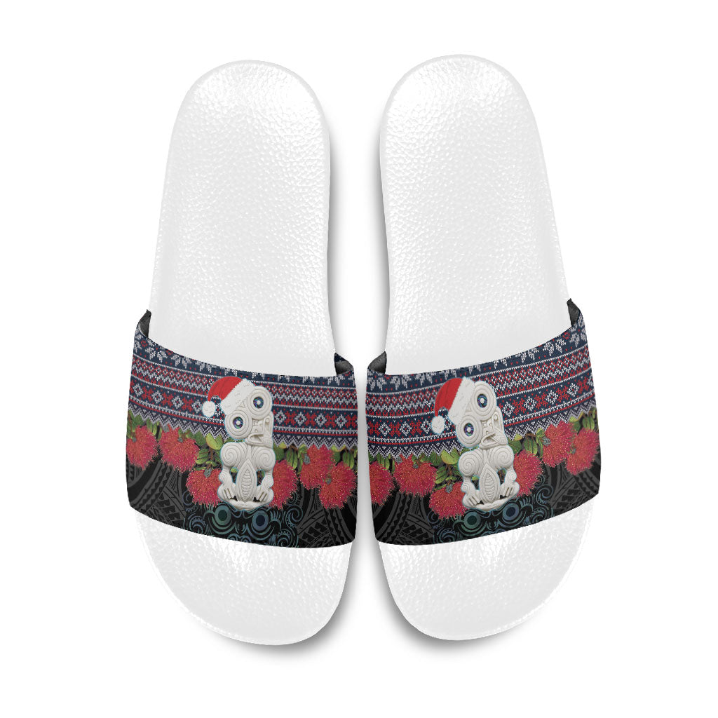 New Zealand Hei Tiki Christmas In July Slide Sandals Pohutukawa Santa Xmas Polynesian Pattern