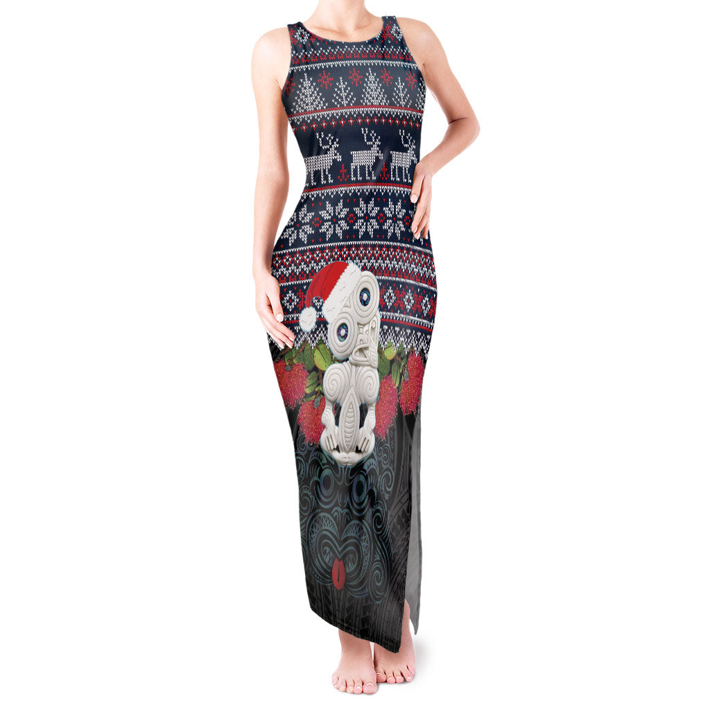 New Zealand Hei Tiki Christmas In July Tank Maxi Dress Pohutukawa Santa Xmas Polynesian Pattern LT22 Women Black - Polynesian Pride