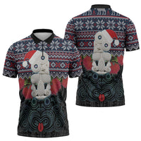 New Zealand Hei Tiki Christmas In July Zipper Polo Shirt Pohutukawa Santa Xmas Polynesian Pattern