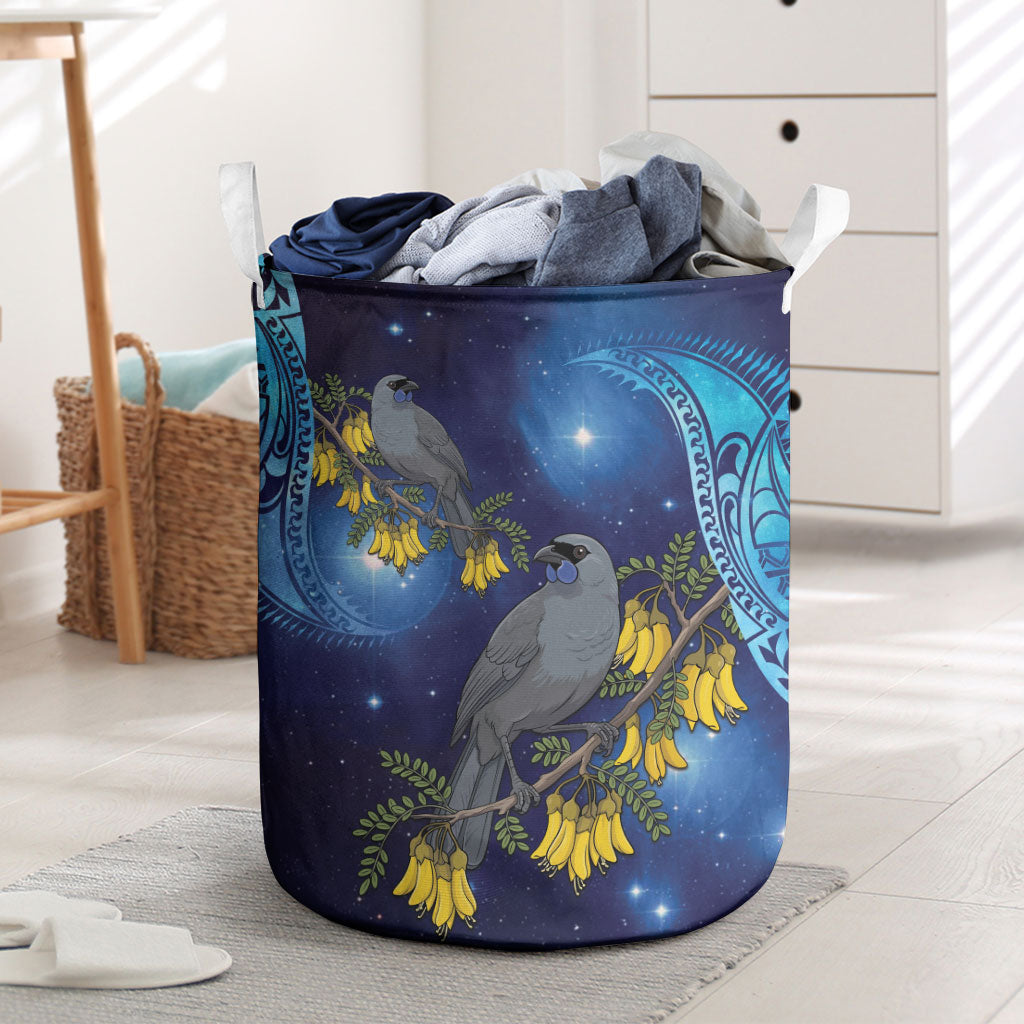 New Zealand Kokako Bird Laundry Basket Kowhai Galaxy Style Polynesian Pattern