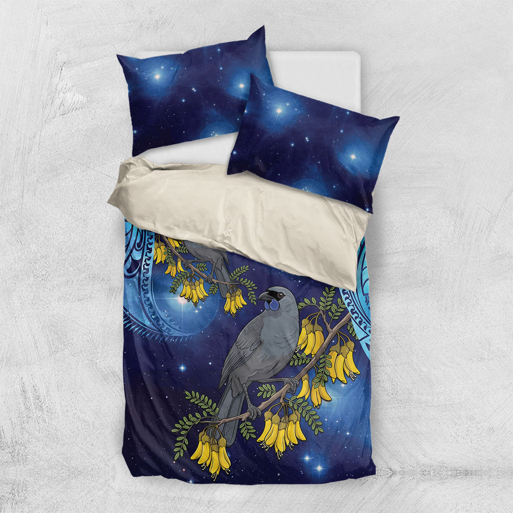 New Zealand Kokako Bird Bedding Set Kowhai Galaxy Style Polynesian Pattern