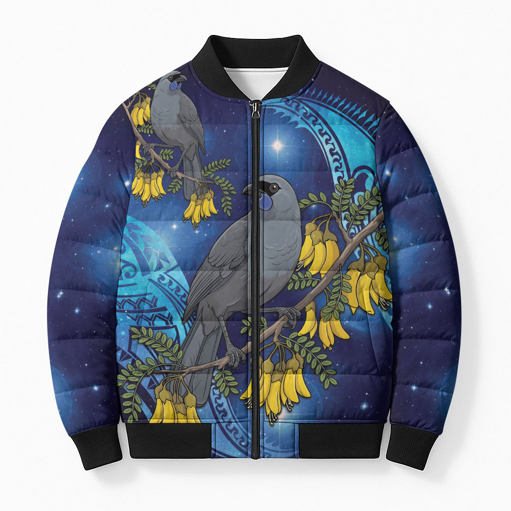 New Zealand Kokako Bird Bomber Puffer Jacket Kowhai Galaxy Style Polynesian Pattern