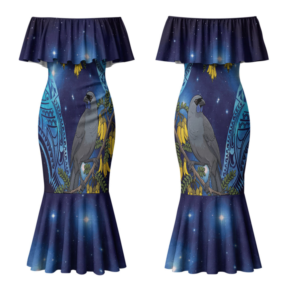 New Zealand Kokako Bird Couples Matching Mermaid Dress and Long Sleeve Button Shirt Kowhai Galaxy Style Polynesian Pattern LT22 - Polynesian Pride