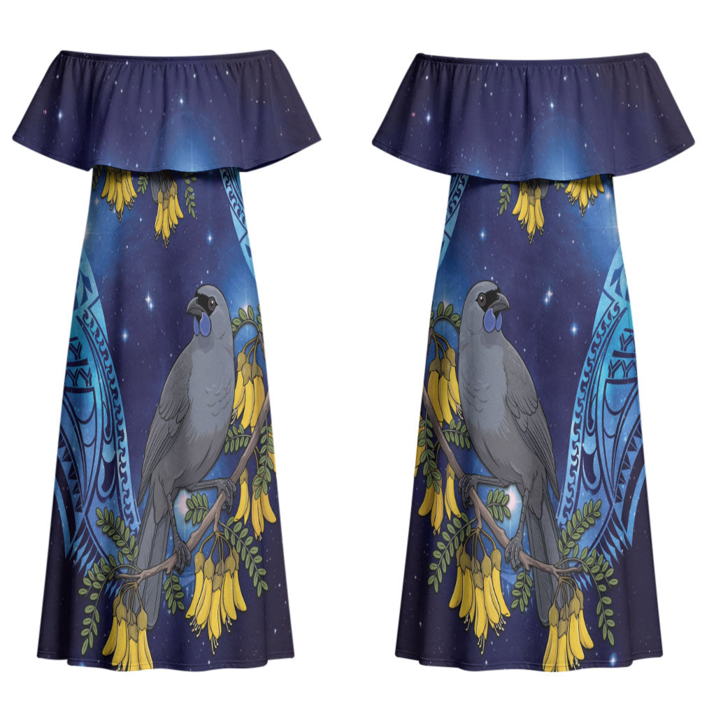 New Zealand Kokako Bird Couples Matching Off Shoulder Maxi Dress and Hawaiian Shirt Kowhai Galaxy Style Polynesian Pattern LT22 - Polynesian Pride