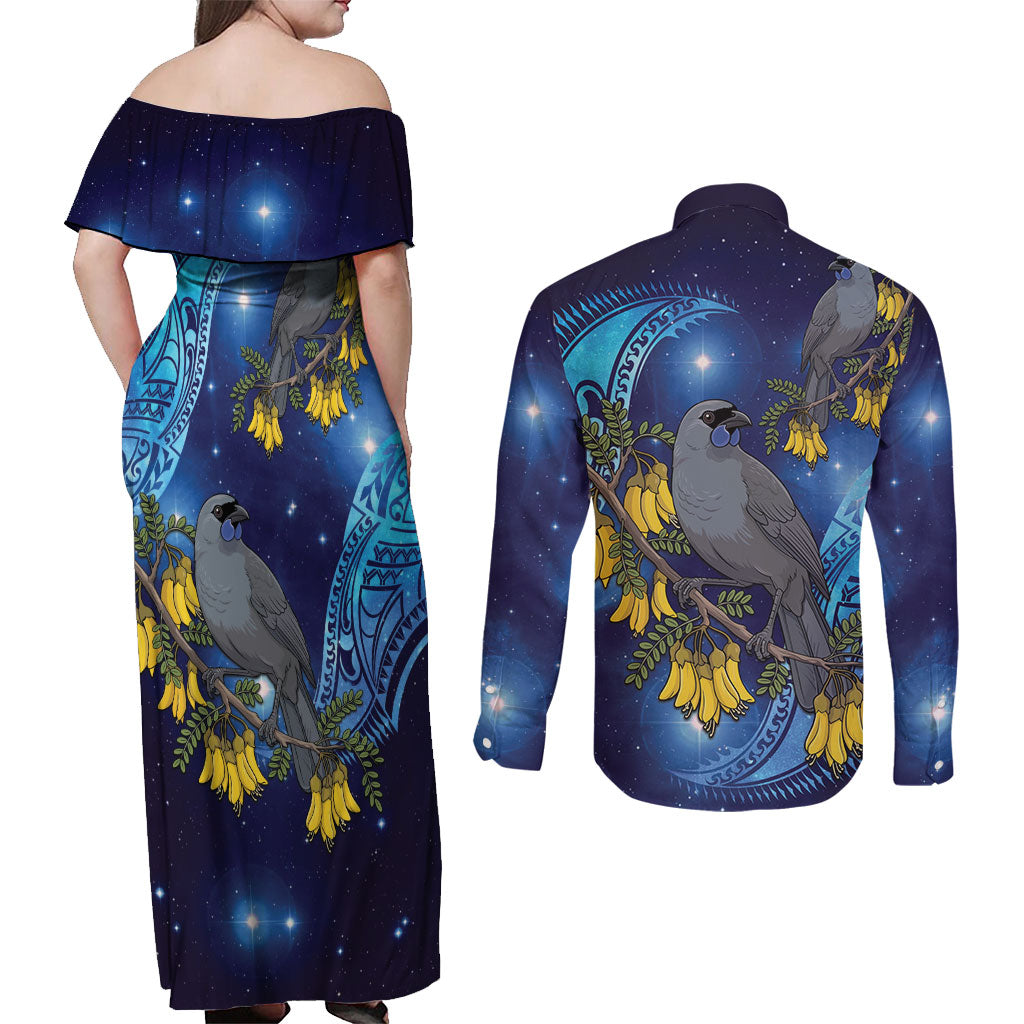 New Zealand Kokako Bird Couples Matching Off Shoulder Maxi Dress and Long Sleeve Button Shirt Kowhai Galaxy Style Polynesian Pattern