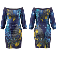 New Zealand Kokako Bird Couples Matching Off The Shoulder Long Sleeve Dress and Long Sleeve Button Shirt Kowhai Galaxy Style Polynesian Pattern LT22 - Polynesian Pride