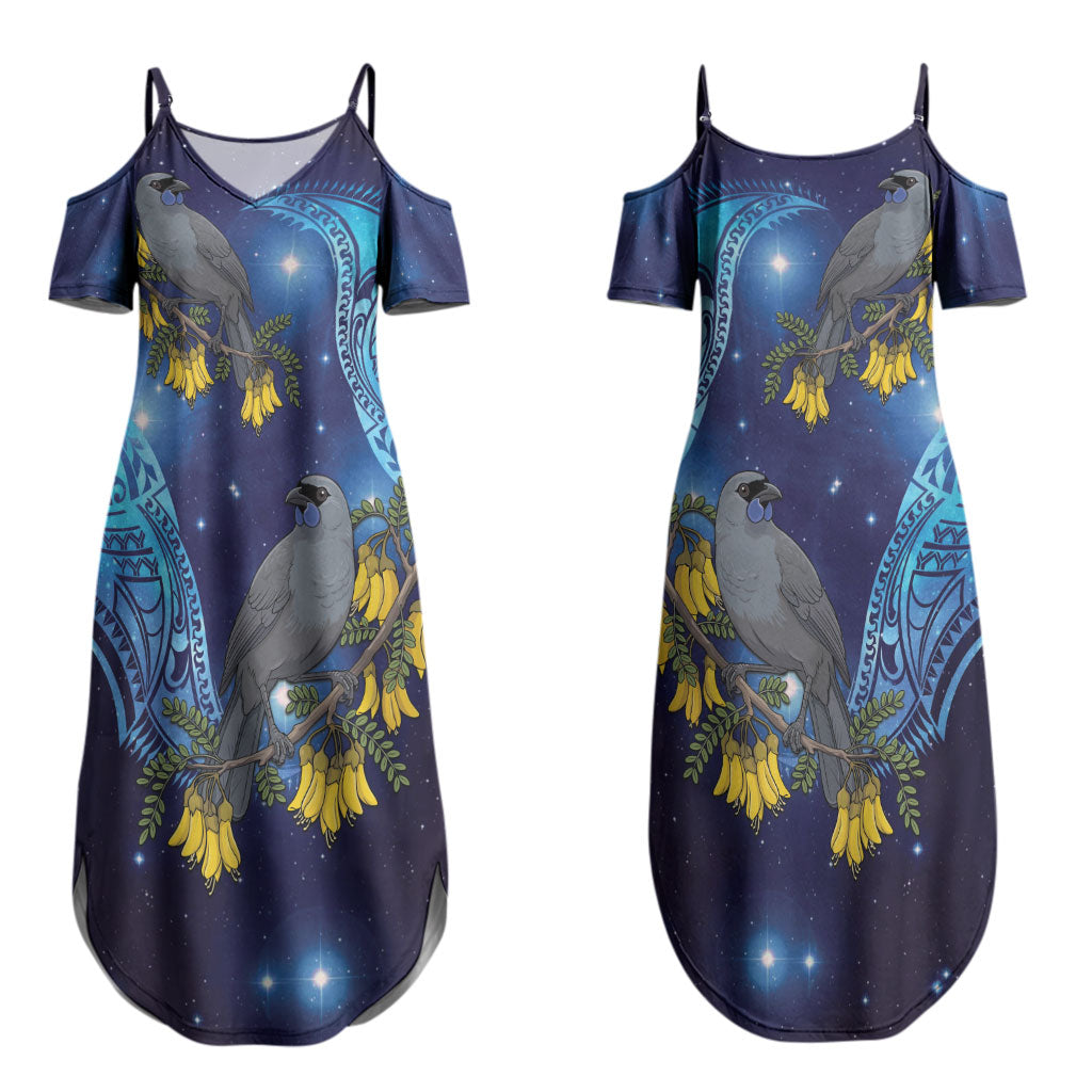 New Zealand Kokako Bird Couples Matching Summer Maxi Dress and Hawaiian Shirt Kowhai Galaxy Style Polynesian Pattern LT22 - Polynesian Pride