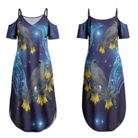 New Zealand Kokako Bird Couples Matching Summer Maxi Dress and Long Sleeve Button Shirt Kowhai Galaxy Style Polynesian Pattern LT22 - Polynesian Pride