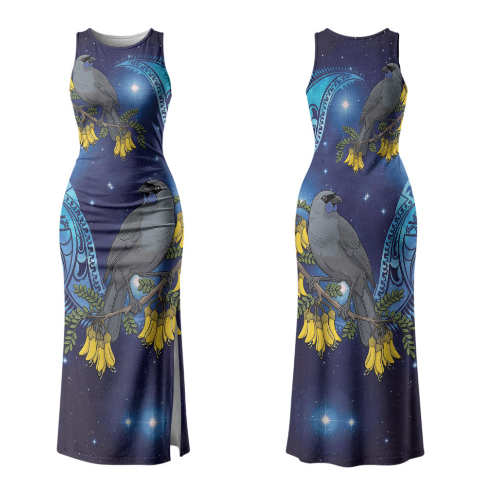 New Zealand Kokako Bird Couples Matching Tank Maxi Dress and Long Sleeve Button Shirt Kowhai Galaxy Style Polynesian Pattern LT22 - Polynesian Pride