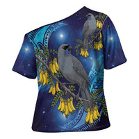 New Zealand Kokako Bird Cross Shoulder Shirt Kowhai Galaxy Style Polynesian Pattern