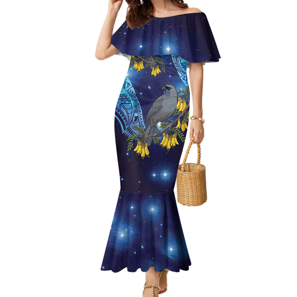 New Zealand Kokako Bird Family Matching Mermaid Dress and Hawaiian Shirt Kowhai Galaxy Style Polynesian Pattern