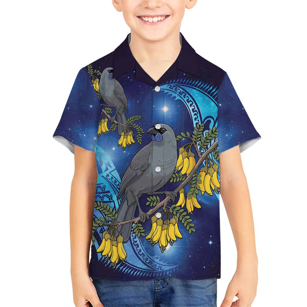 New Zealand Kokako Bird Family Matching Mermaid Dress and Hawaiian Shirt Kowhai Galaxy Style Polynesian Pattern