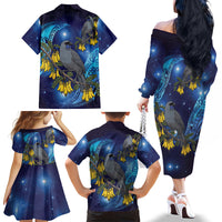 New Zealand Kokako Bird Family Matching Off The Shoulder Long Sleeve Dress and Hawaiian Shirt Kowhai Galaxy Style Polynesian Pattern