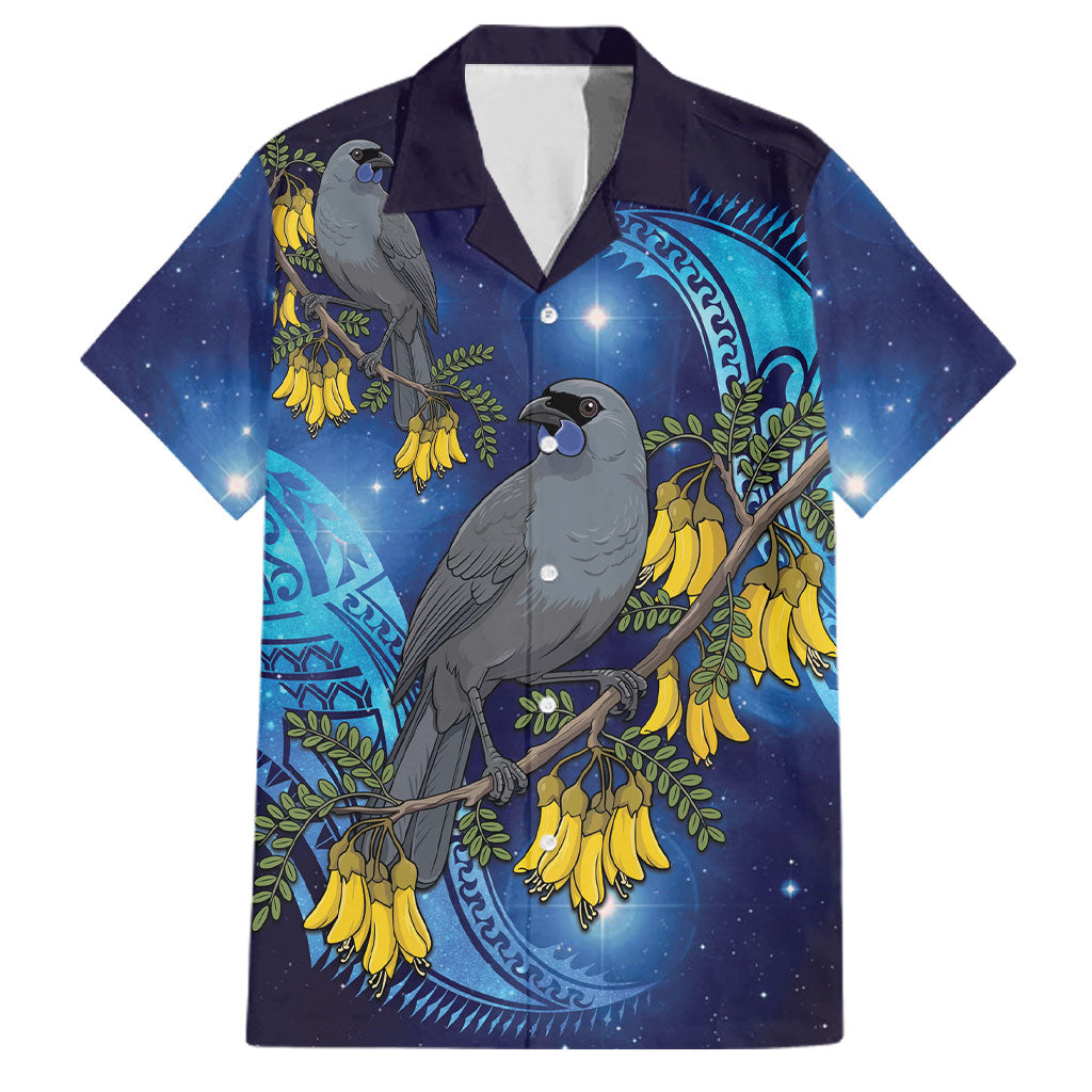 New Zealand Kokako Bird Family Matching Off The Shoulder Long Sleeve Dress and Hawaiian Shirt Kowhai Galaxy Style Polynesian Pattern