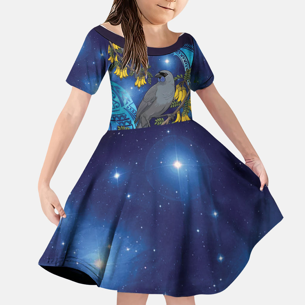 New Zealand Kokako Bird Family Matching Puletasi and Hawaiian Shirt Kowhai Galaxy Style Polynesian Pattern