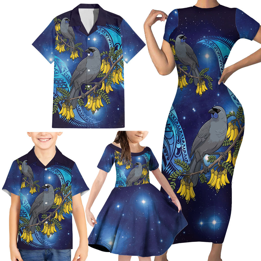 New Zealand Kokako Bird Family Matching Short Sleeve Bodycon Dress and Hawaiian Shirt Kowhai Galaxy Style Polynesian Pattern
