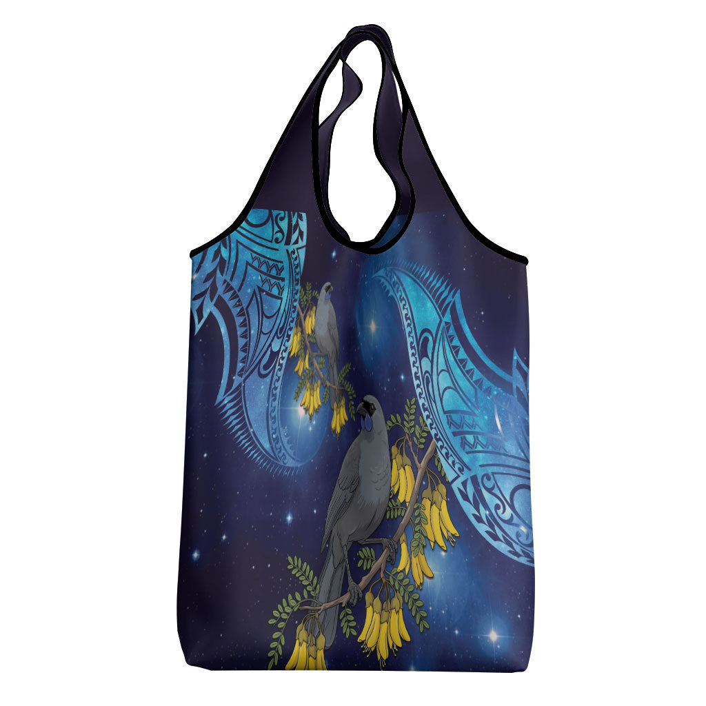New Zealand Kokako Bird Grocery Bag Kowhai Galaxy Style Polynesian Pattern
