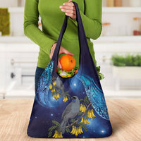 New Zealand Kokako Bird Grocery Bag Kowhai Galaxy Style Polynesian Pattern