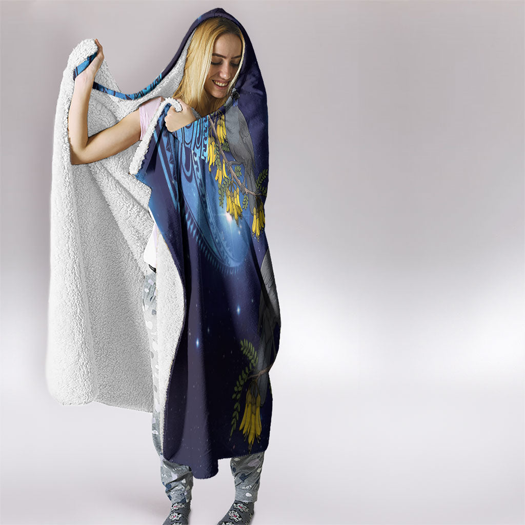 New Zealand Kokako Bird Hooded Blanket Kowhai Galaxy Style Polynesian Pattern