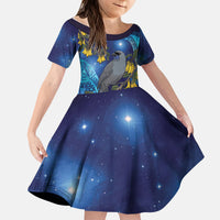New Zealand Kokako Bird Kid Short Sleeve Dress Kowhai Galaxy Style Polynesian Pattern