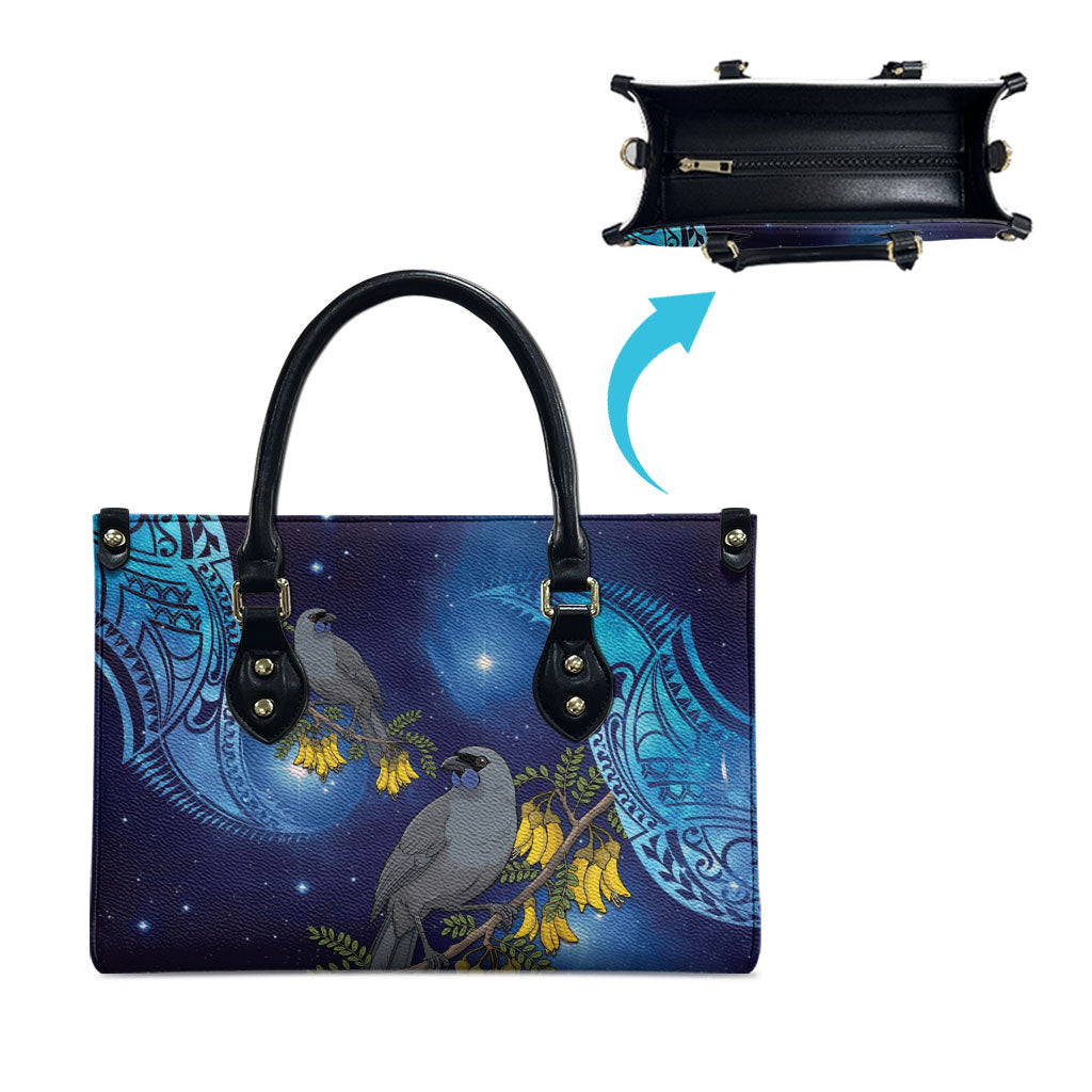 New Zealand Kokako Bird Leather Bag Kowhai Galaxy Style Polynesian Pattern