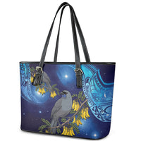 New Zealand Kokako Bird Leather Tote Bag Kowhai Galaxy Style Polynesian Pattern