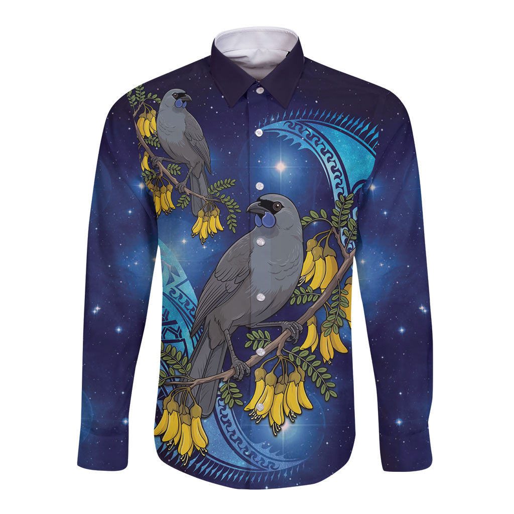 New Zealand Kokako Bird Long Sleeve Button Shirt Kowhai Galaxy Style Polynesian Pattern