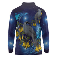 New Zealand Kokako Bird Long Sleeve Polo Shirt Kowhai Galaxy Style Polynesian Pattern