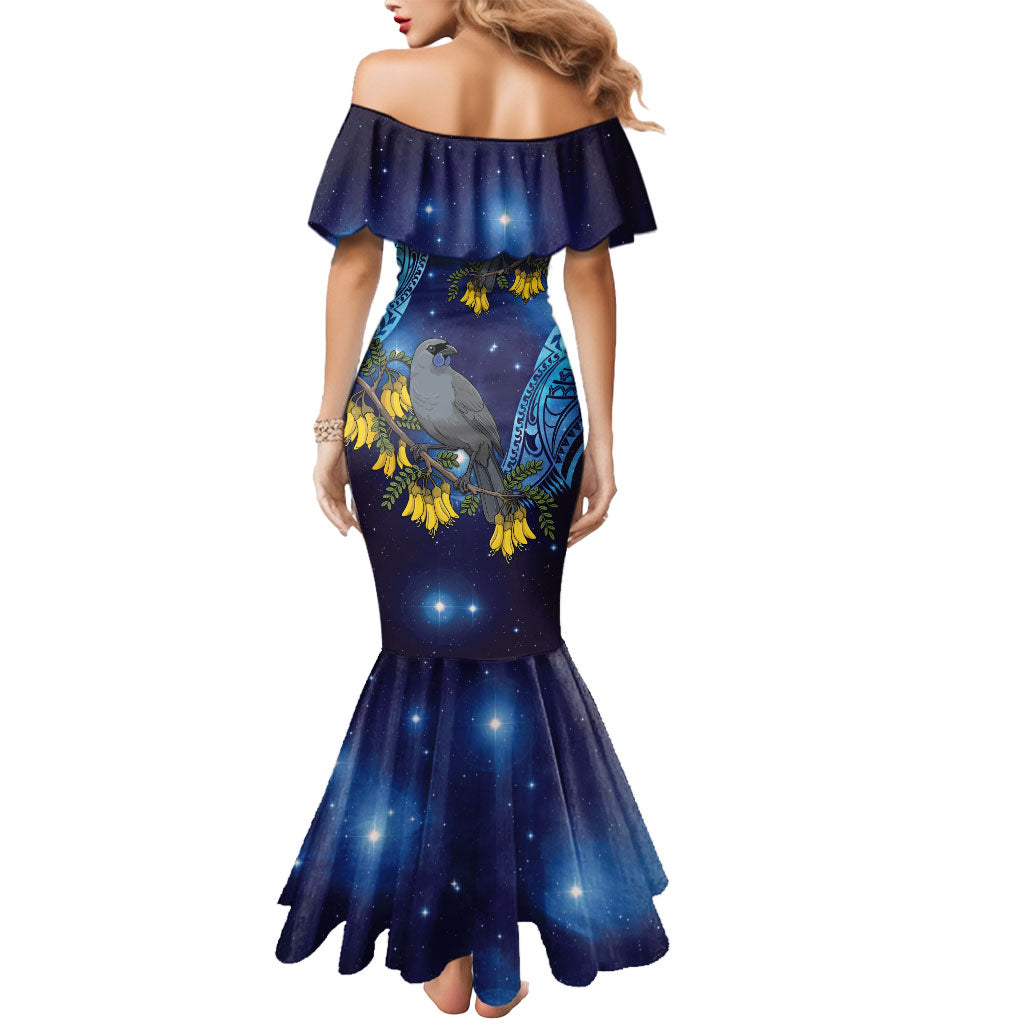New Zealand Kokako Bird Mermaid Dress Kowhai Galaxy Style Polynesian Pattern