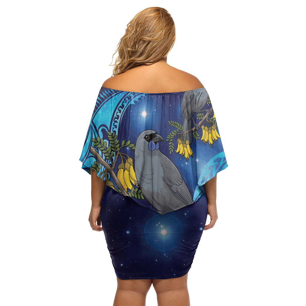 New Zealand Kokako Bird Off Shoulder Short Dress Kowhai Galaxy Style Polynesian Pattern