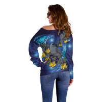 New Zealand Kokako Bird Off Shoulder Sweater Kowhai Galaxy Style Polynesian Pattern