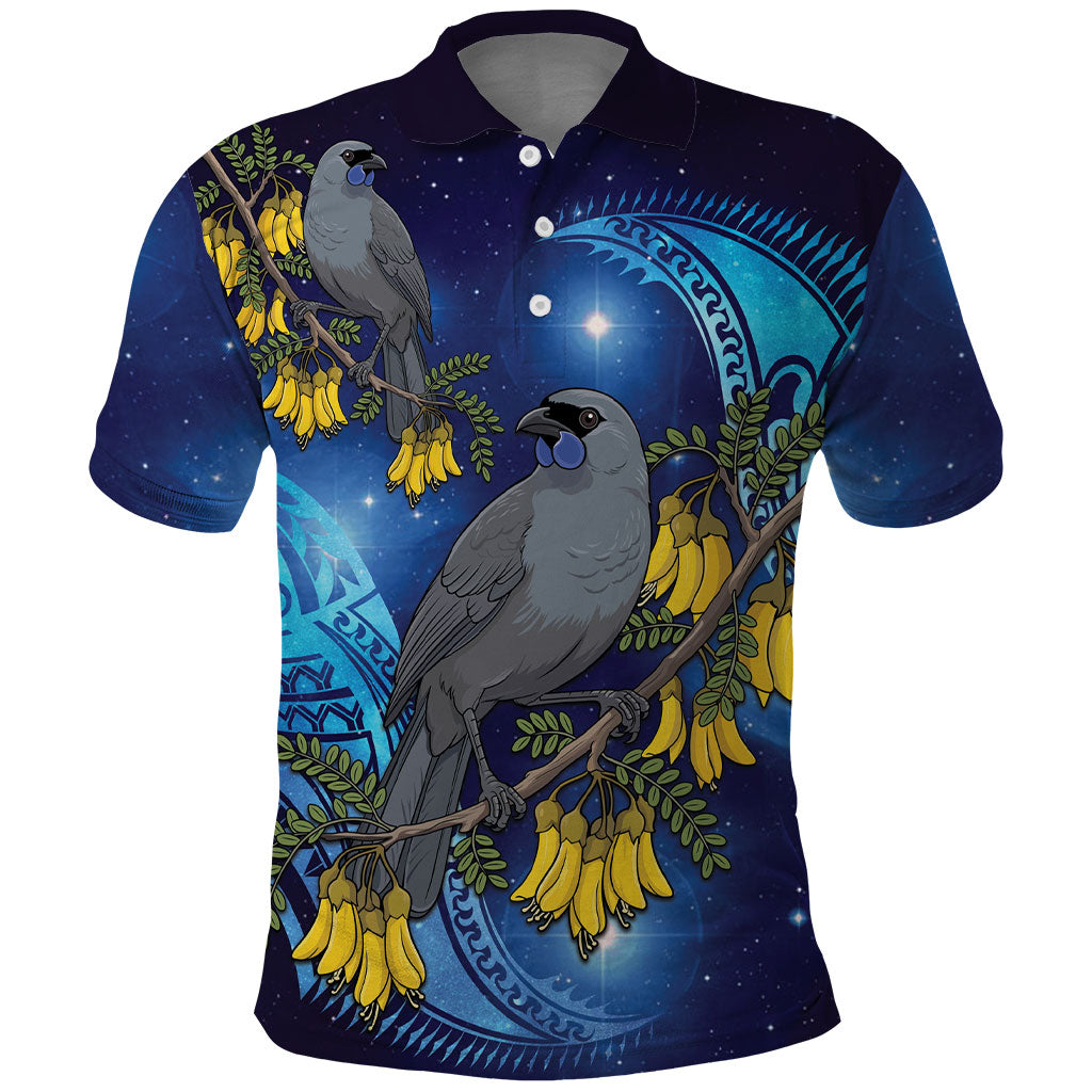 New Zealand Kokako Bird Polo Shirt Kowhai Galaxy Style Polynesian Pattern