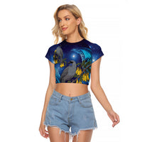 New Zealand Kokako Bird Raglan Cropped T Shirt Kowhai Galaxy Style Polynesian Pattern