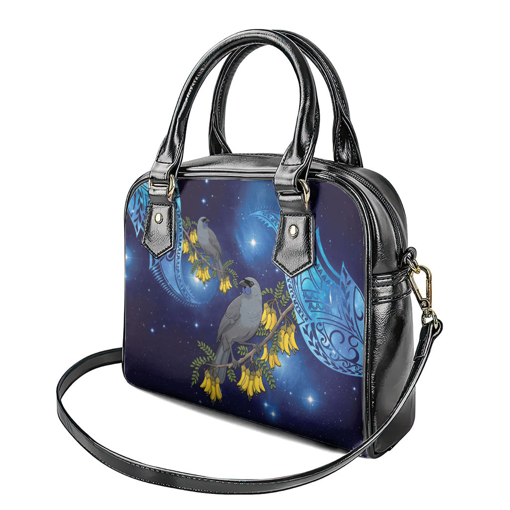 New Zealand Kokako Bird Shoulder Handbag Kowhai Galaxy Style Polynesian Pattern