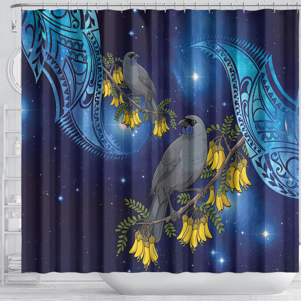 New Zealand Kokako Bird Shower Curtain Kowhai Galaxy Style Polynesian Pattern
