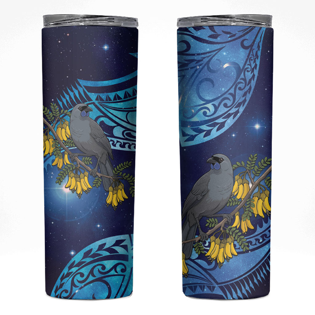 New Zealand Kokako Bird Skinny Tumbler Kowhai Galaxy Style Polynesian Pattern
