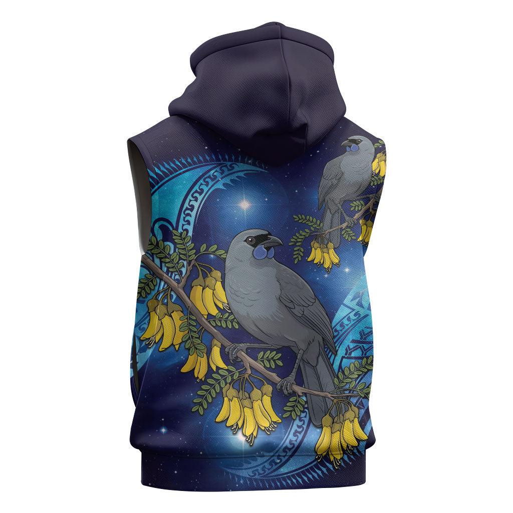 New Zealand Kokako Bird Sleeveless Zip Hoodie Kowhai Galaxy Style Polynesian Pattern