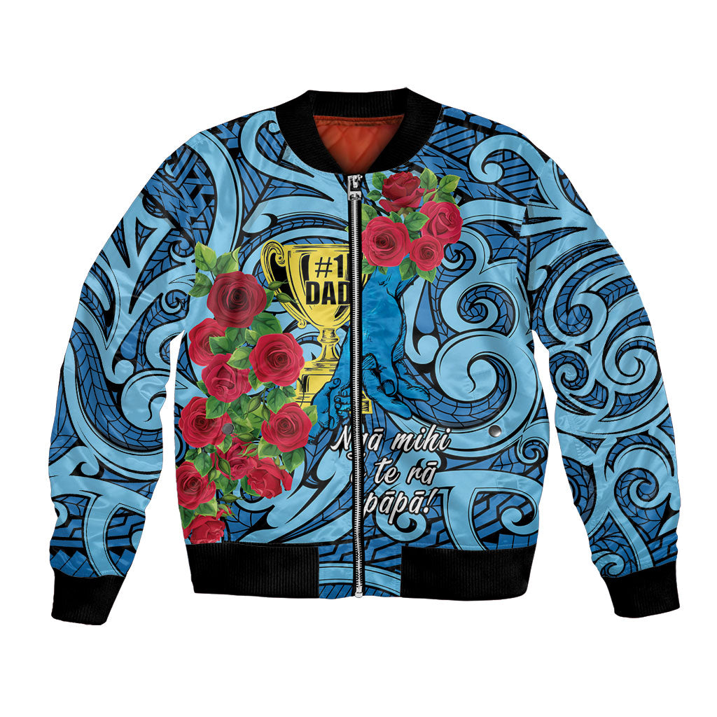 Personalised New Zealand Father's Day Bomber Jacket Best Dad Trophy Red Rose Maori Pattern