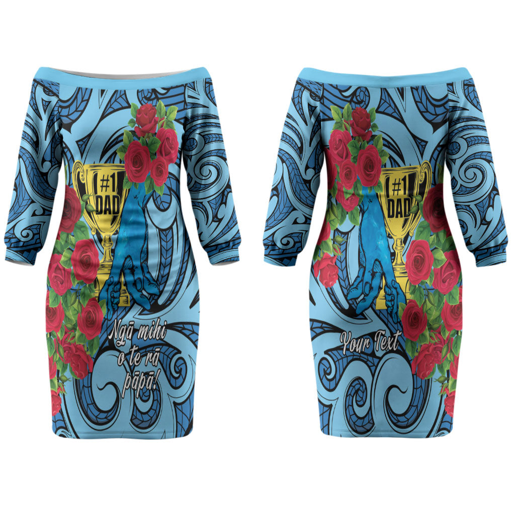 Personalised New Zealand Father's Day Couples Matching Off The Shoulder Long Sleeve Dress and Hawaiian Shirt Best Dad Trophy Red Rose Maori Pattern LT22 - Polynesian Pride
