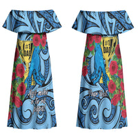 Personalised New Zealand Father's Day Family Matching Off Shoulder Maxi Dress and Hawaiian Shirt Best Dad Trophy Red Rose Maori Pattern LT22 Mom's Dress Blue - Polynesian Pride
