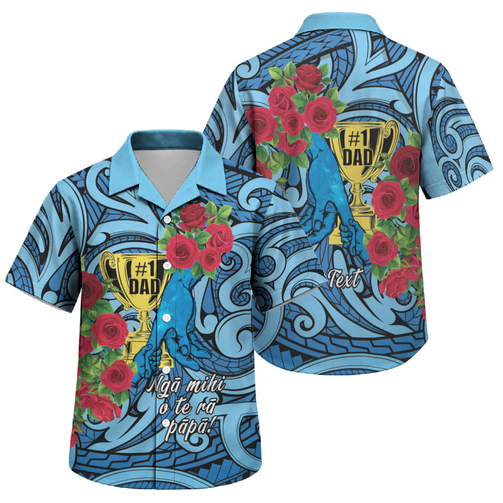 Personalised New Zealand Father's Day Family Matching Off Shoulder Short Dress and Hawaiian Shirt Best Dad Trophy Red Rose Maori Pattern LT22 Son's Shirt Blue - Polynesian Pride