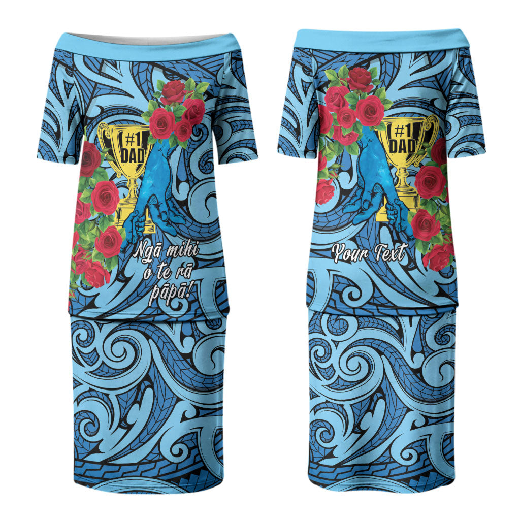 Personalised New Zealand Father's Day Family Matching Puletasi and Hawaiian Shirt Best Dad Trophy Red Rose Maori Pattern LT22 Mom's Dress Blue - Polynesian Pride