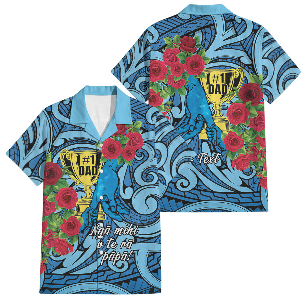 Personalised New Zealand Father's Day Family Matching Puletasi and Hawaiian Shirt Best Dad Trophy Red Rose Maori Pattern LT22 Dad's Shirt - Short Sleeve Blue - Polynesian Pride