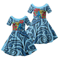 Personalised New Zealand Father's Day Family Matching Puletasi and Hawaiian Shirt Best Dad Trophy Red Rose Maori Pattern LT22 Daughter's Dress Blue - Polynesian Pride