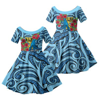 Personalised New Zealand Father's Day Family Matching Short Sleeve Bodycon Dress and Hawaiian Shirt Best Dad Trophy Red Rose Maori Pattern LT22 Daughter's Dress Blue - Polynesian Pride